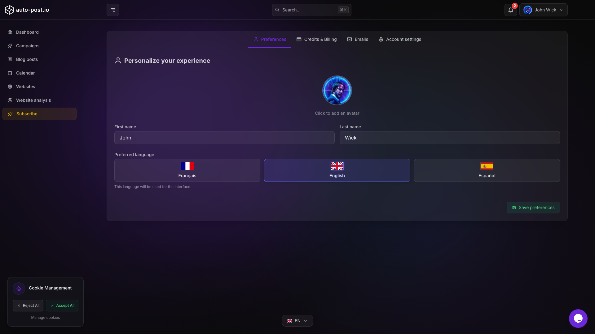Account preferences - auto-post.io