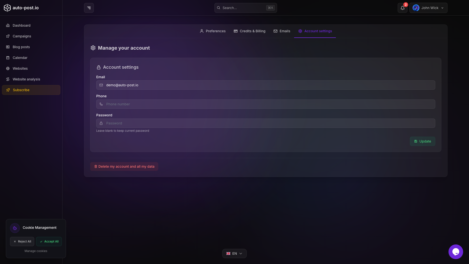 Account settings - auto-post.io